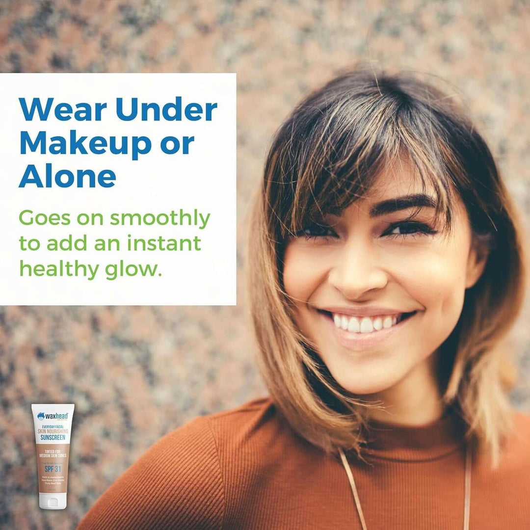 Smiling woman with glowing skin wearing brown top, promoting tinted SPF 31 sunscreen for healthy glow