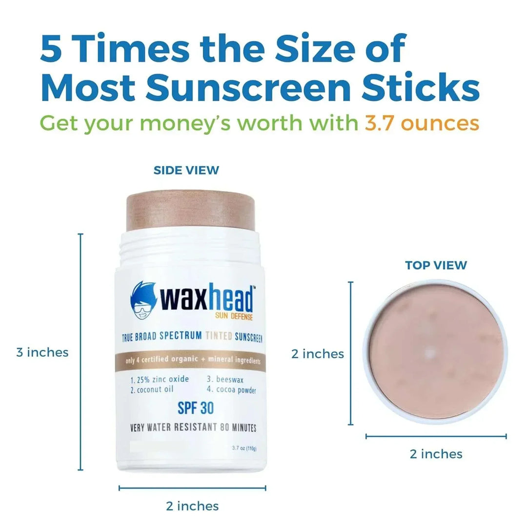 Waxhead SPF 30 tinted sunscreen stick with 3.7 oz, 3-inch height, 2-inch diameter, organic mineral ingredients