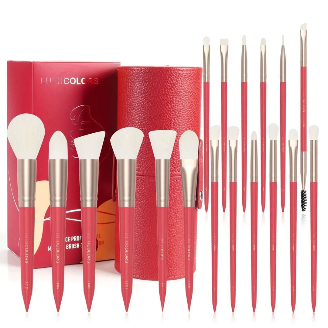 LULU COLORS red professional makeup brush set with leather case and box