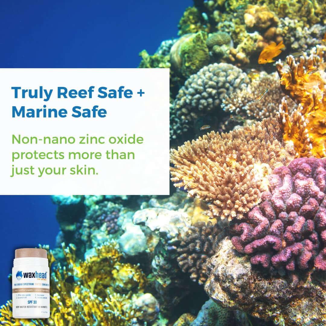 Colorful coral reef and fish with text about reef-safe sunscreen with non-nano zinc oxide